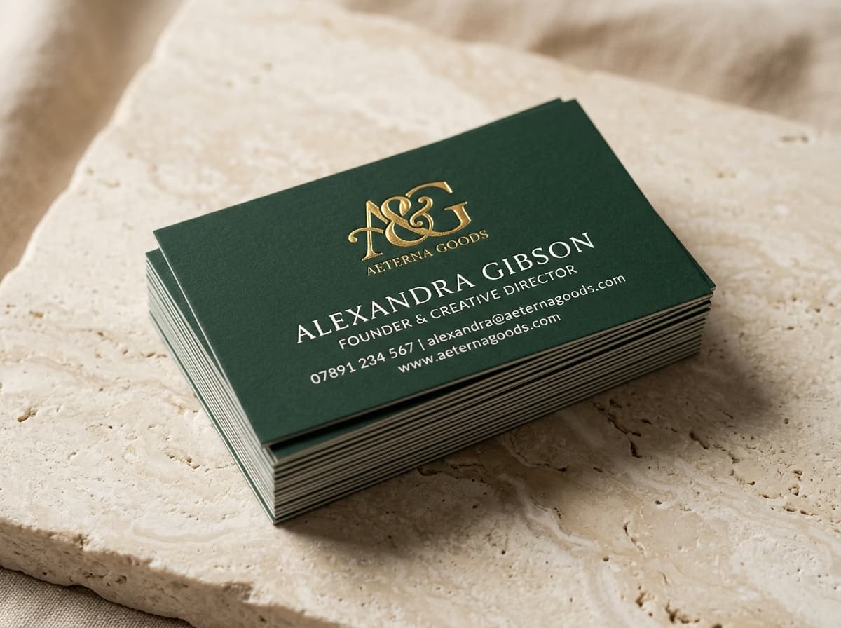 Premium 16pt thick cardstock business cards with gold foil embossing