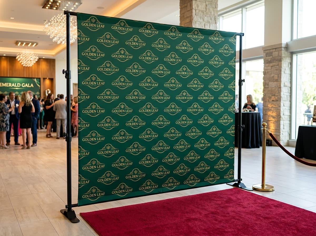 8x8 foot custom step & repeat red carpet photo backdrop with heavy aluminum stand