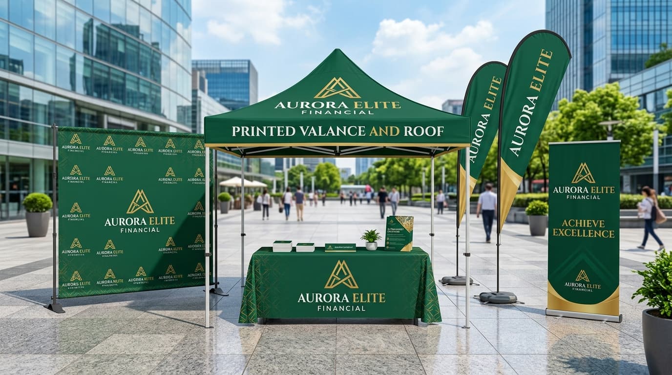Complete business branding setup with 10x10 tent, table cover, pull-up display, flags, backdrop, and print collateral